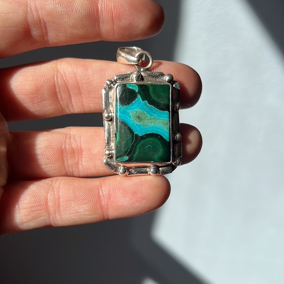 Sterling Silver 925 Malachite Chrysocolla XL Large Heavy Handmade Unique Pendant - Picture 2 of 3